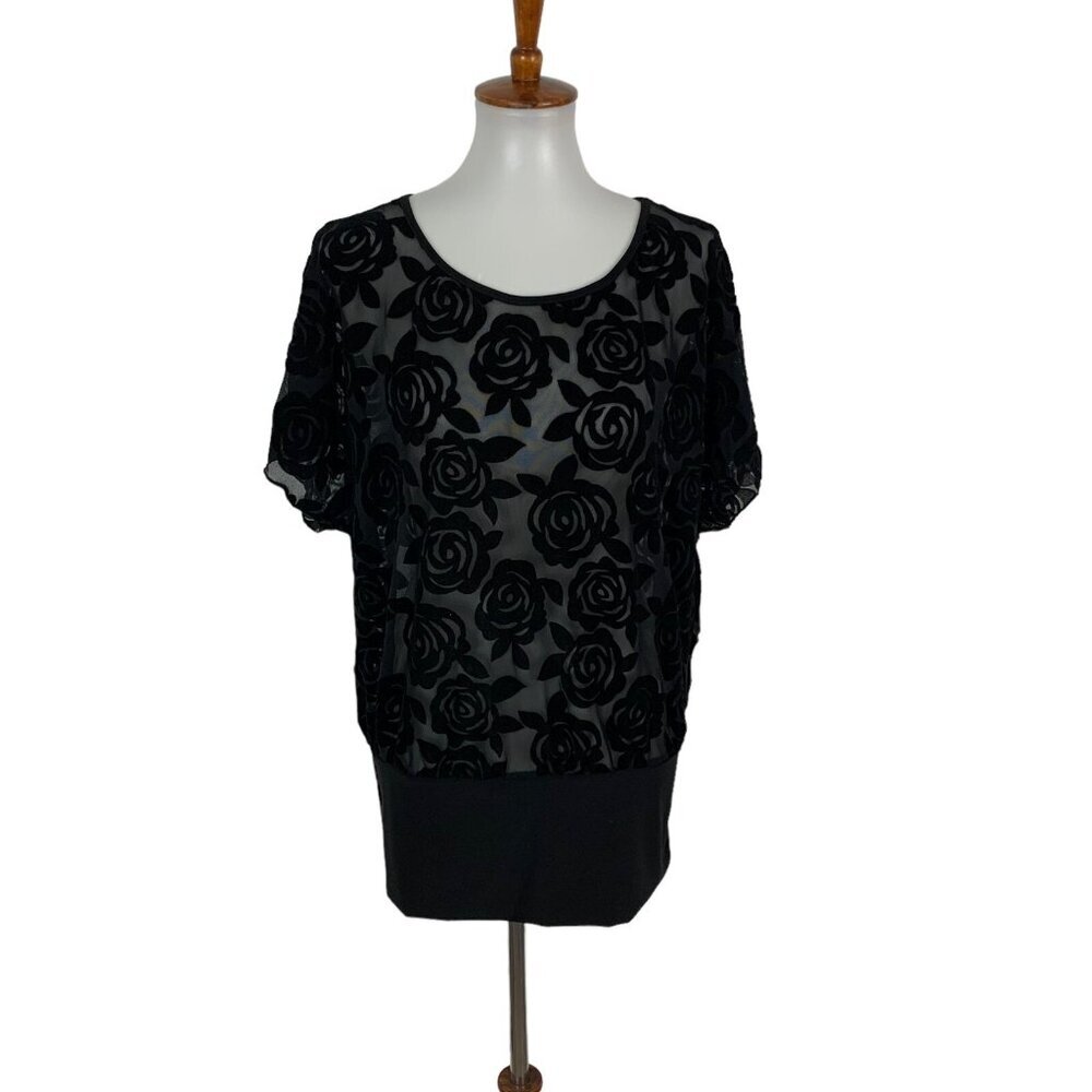 Suzy Shier Top Large Black Short Sleeve Sheer Blouse‎ Night Out Clubwear Sexy